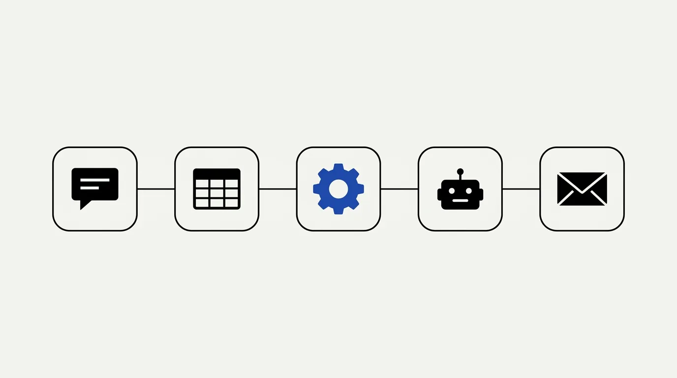 Jasa n8n: ilustrasi workflow otomasi yang menyambungkan chat, spreadsheet, dan AI