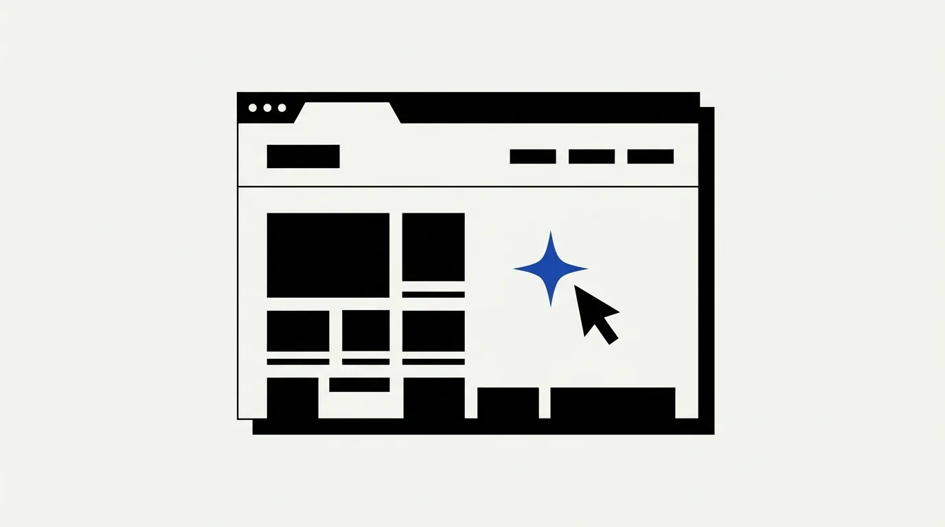 Jasa pembuatan website AI: jendela browser dengan kursor dan kilau AI