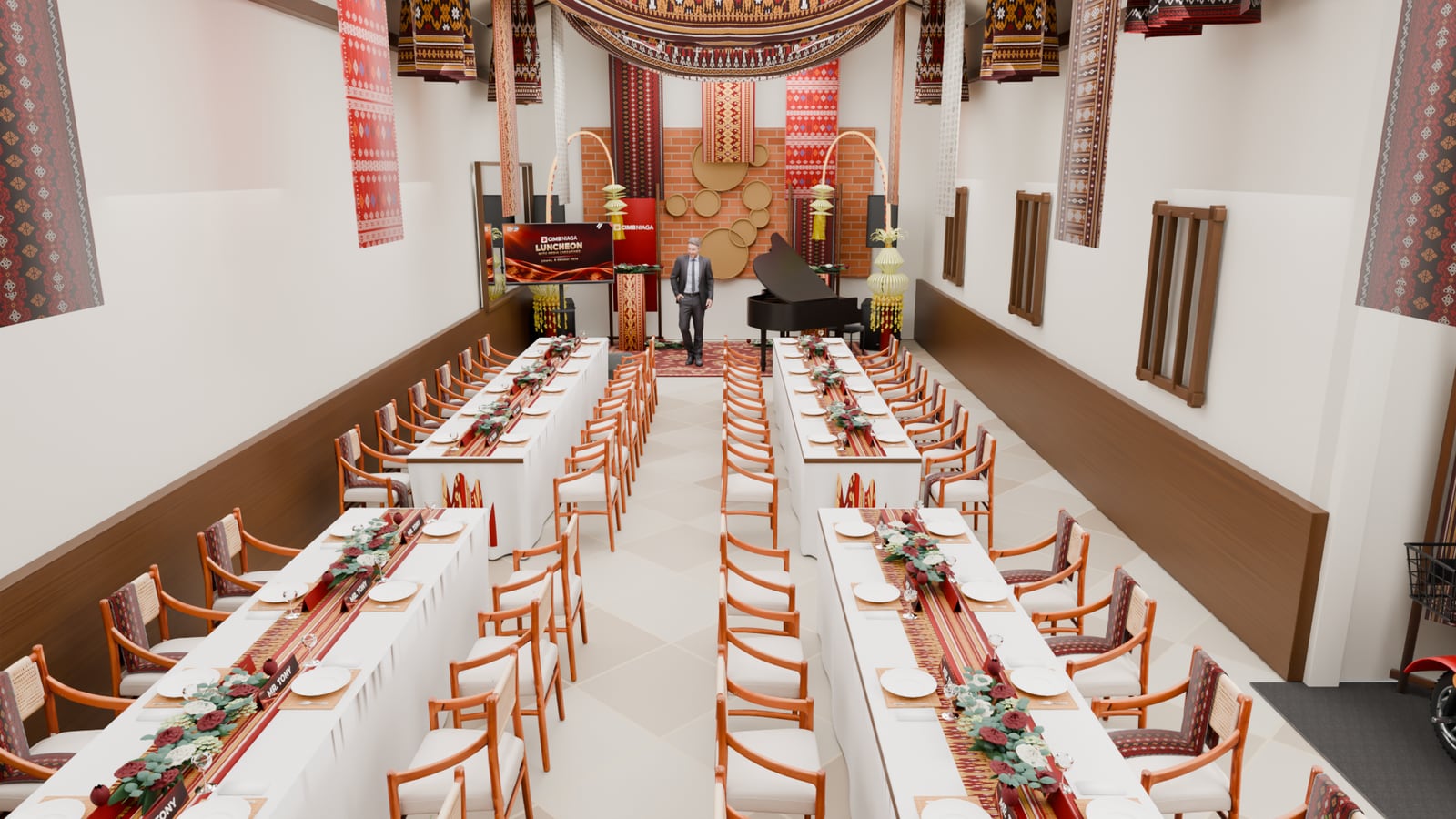 The dining room in 3D: four table sections of twelve, woven runners and low floral arrangements, approved before the day.