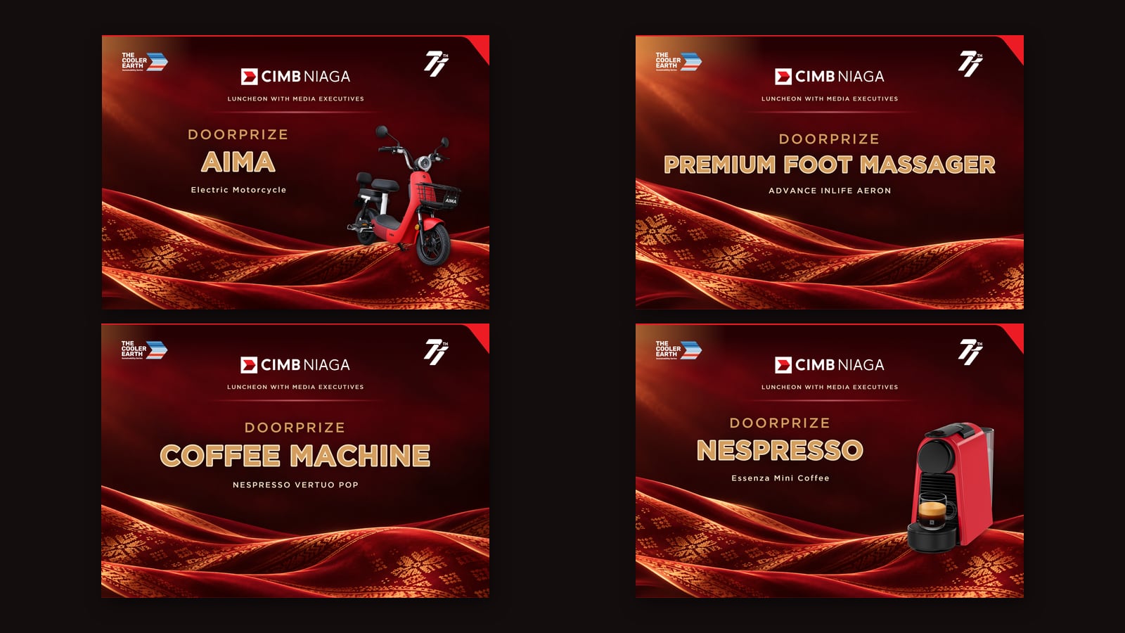 Four doorprize boards in A3. One layout system for an electric motorcycle, a foot massager and two coffee machines.