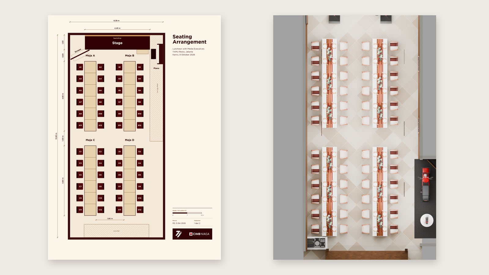 Seating plan at 1:40 for 48 guests in four sections, next to the same layout seen from above in 3D.