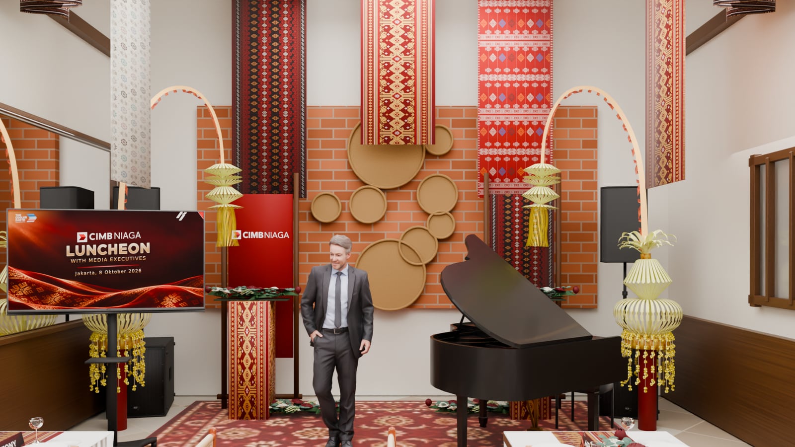The stage end of the room, with the key visual on screen and the redrawn textiles hung behind the piano.