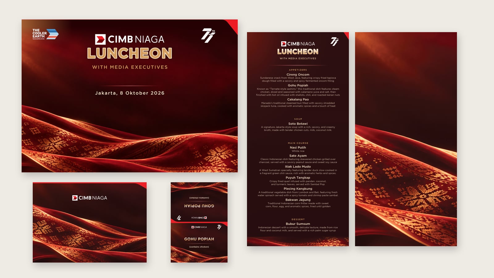 Dining stationery: table mat, the woven back of the thank you card, a canape card, and the final menu front and back.
