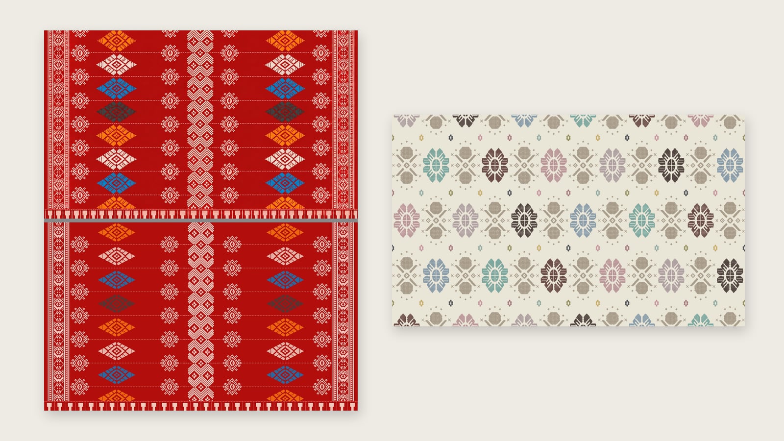 Left: the motif as supplied (top) against our vector rebuild (bottom). Right: the ivory songket, redrawn for print at 200 x 120 cm.